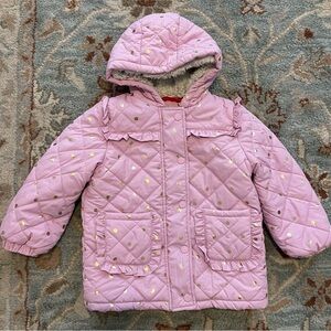 Mini Boden girls' pink quilted coat with gold polka dots and a faux fur lining